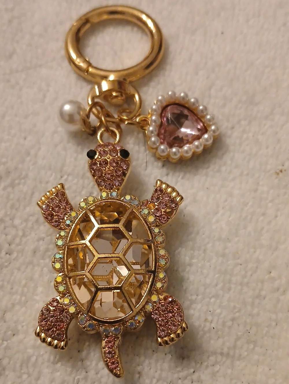 Gold-Tone Pink Crystal Turtle Keychain Charm